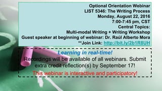 Optional Orientation Webinar
LIST 5346: The Writing Process
Monday, August 22, 2016
7:00-7:45 pm, CST
Central Topics:
Multi-modal Writing + Writing Workshop
Guest speaker at beginning of webinar: Dr. Raúl Alberto Mora
Learning in real-time!
Recordings will be available of all webinars. Submit
extra credit reflection(s) by September 17!
This webinar is interactive and participatory!
 