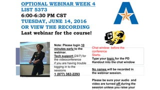 OPTIONAL WEBINAR WEEK 4
LIST 5373
6:00-6:30 PM CST
TUESDAY, JUNE 14, 2016
OR VIEW THE RECORDING
Last webinar for the course!
Chat window: before the
conference
Starts-
Type your topic for the PD
Handout into the chat window
No names will be recorded in
the webinar session.
Please be sure your audio and
video are turned off during the
session unless you raise your
Note: Please login 10
minutes early to the
webinar.
Tech support (24/7) for
the videoconference
if you are having trouble
logging in to the
sessions
1 (877) 382-2293
 