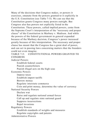 Many of the decisions that Congress makes, or powers it
exercises, emanate from the powers granted to it explicitly in
the U.S. Constitution (see Table 7-5). We can see that the
Constitution grants Congress many powers outright. But
Congress also has powers not explicitly listed in the
Constitution. These powers, called implied powers, come from
the Supreme Court’s interpretation of the “necessary and proper
clause” of the Constitution in Marbury v. Madison. And while
the powers of the federal government in general expanded
because of the Marbury decision, Congress’s power increased
greatly because of this interpretation. The necessary and proper
clause has meant that the Congress has a great deal of power,
and can act in passing laws concerning matters that the founders
could not even imagine.
TABLE 7-5: CONSTITUTIONAL POWERS GRANTED TO
CONGRESS
Judicial Powers
Establish federal courts
Punish counterfeiters
Punish illegal acts on the high seas
Economic Powers
Impose taxes
Establish import tariffs
Borrow money
Regulate interstate commerce
Coin and print money, determine the value of currency
National Security Powers
Declare war
Raise and regulate national armed forces
Call up and regulate state national guard
Suppress insurrections
Repel invasions
Regulatory Powers
Establish standards of weights and measures
Regulate copyrights and patents
Administrative Powers
 