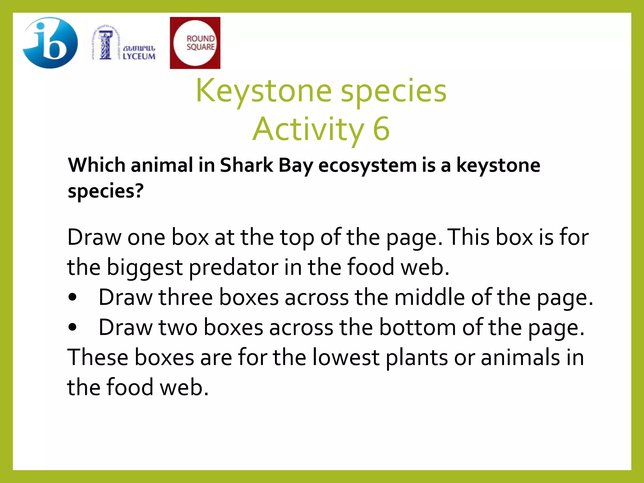Keystone species
Activity 6
Draw one box at the top of the page.This box is for
the biggest predator in the food web.
• Draw three boxes across the middle of the page.
• Draw two boxes across the bottom of the page.
These boxes are for the lowest plants or animals in
the food web.
Which animal in Shark Bay ecosystem is a keystone
species?
 
