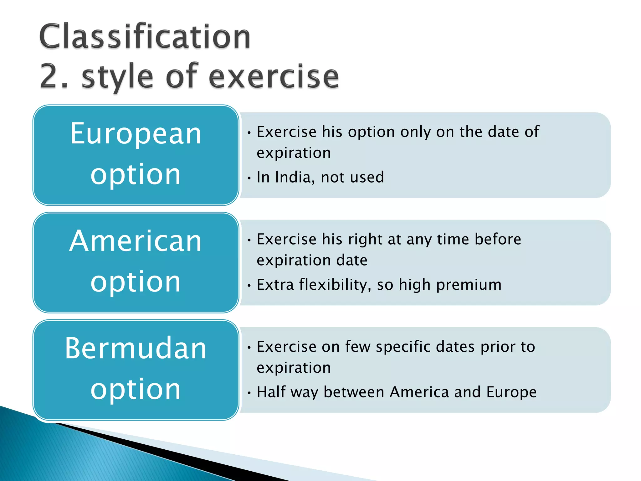 • Exercise his option only on the date of
expiration
• In India, not used
European
option
• Exercise his right at any time before
expiration date
• Extra flexibility, so high premium
American
option
• Exercise on few specific dates prior to
expiration
• Half way between America and Europe
Bermudan
option
 