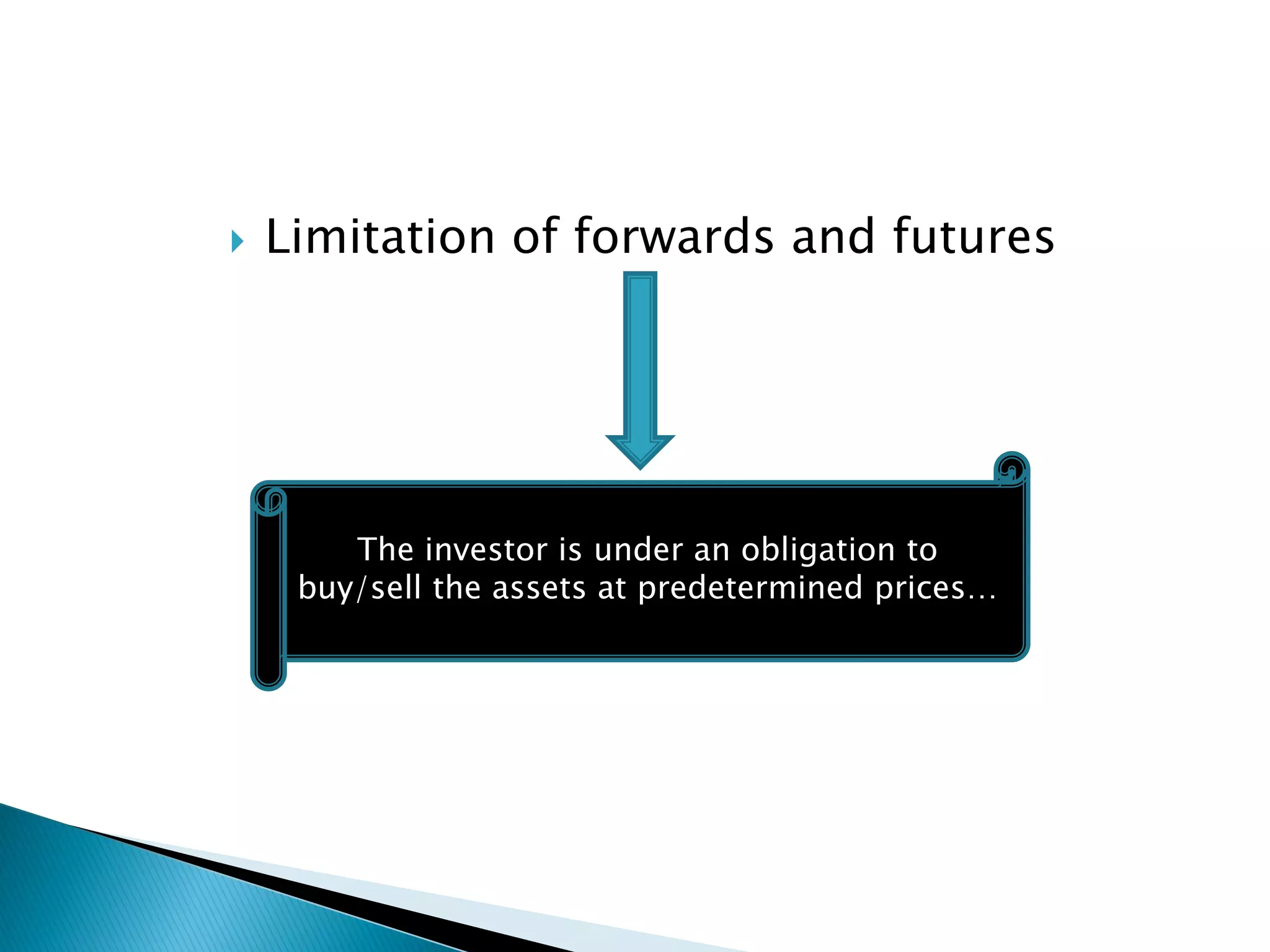  Limitation of forwards and futures
The investor is under an obligation to
buy/sell the assets at predetermined prices…
 