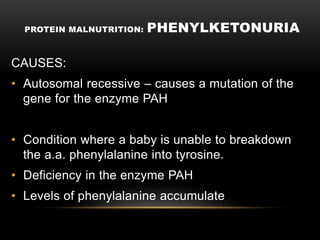 PROTEIN MALNUTRITION: PHENYLKETONURIA
CAUSES:
• Autosomal recessive – causes a mutation of the
gene for the enzyme PAH
• Condition where a baby is unable to breakdown
the a.a. phenylalanine into tyrosine.
• Deficiency in the enzyme PAH
• Levels of phenylalanine accumulate
 