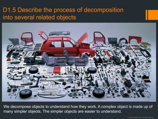 © Justin Robertson 2017. All rights reserved.
D1.5 Describe the process of decomposition
into several related objects
We decompose objects to understand how they work. A complex object is made up of
many simpler objects. The simpler objects are easier to understand.
 