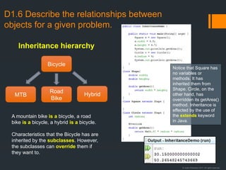 © Justin Robertson 2017. All rights reserved.
D1.6 Describe the relationships between
objects for a given problem.
Bicycle
MTB
Road
Bike
Hybrid
A mountain bike is a bicycle, a road
bike is a bicycle, a hybrid is a bicycle.
Characteristics that the Bicycle has are
inherited by the subclasses. However,
the subclasses can override them if
they want to.
Inheritance hierarchy
Notice that Square has
no variables or
methods. It has
inherited them from
Shape. Circle, on the
other hand, has
overridden its getArea()
method. Inheritance is
effected by the use of
the extends keyword
in Java.
 