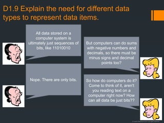 © Justin Robertson 2017. All rights reserved.
D1.9 Explain the need for different data
types to represent data items.
All data stored on a
computer system is
ultimately just sequences of
bits, like 11010010
But computers can do sums
with negative numbers and
decimals, so there must be
minus signs and decimal
points too?
Nope. There are only bits. So how do computers do it?
Come to think of it, aren't
you reading text on a
computer right now? How
can all data be just bits??
 