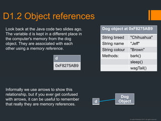 © Justin Robertson 2017. All rights reserved.
D1.2 Object references
d
0xF8275AB9
Dog object at 0xF8275AB9
String breed "Chihuahua"
String name "Jeff"
String colour "Brown"
Methods: bark()
sleep()
wagTail()
d
Dog
Object
Look back at the Java code two slides ago.
The variable d is kept in a different place in
the computer's memory from the dog
object. They are associated with each
other using a memory reference.
Informally we use arrows to show this
relationship, but if you ever get confused
with arrows, it can be useful to remember
that really they are memory references.
 