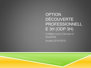 OPTION 
DÉCOUVERTE 
PROFESSIONNELL 
E 3H (ODP 3H) 
Collège Louis Cahuzac à 
Quarante 
Année 2014-2015 
 