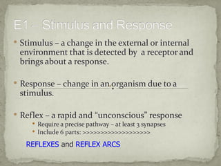  Stimulus – a change in the external or internal
 environment that is detected by a receptor and
 brings about a response.

 Response – change in an organism due to a
 stimulus.

 Reflex – a rapid and “unconscious” response
      Require a precise pathway – at least 3 synapses
      Include 6 parts: >>>>>>>>>>>>>>>>>>>

   REFLEXES and REFLEX ARCS
 