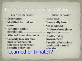 Learned Behavior             Innate Behavior
 Experience                 Instinctive
 Modified by trial and      Genetically based
  error                      Not modified
 Variation within           Uniform throughout
  population                  population
 Affected by environment    Unaffected by
 Capacity to learn may       environment
  product of natural         Beneficial behaviors
  selection rather than       product of natural
  specific behaviors          selection
  Learned or Innate??
 