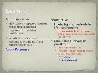Non-associative                     Associative
 Habituation – repeated stimulus    Imprinting – learned early in
  brings about decreased              life – very receptive
  response. No reward or                Forms instant bond with one
  punishment                             who provides the essential skills
 Sensitization – increased              for survival
  response to a stimulus after a     Conditioning – reward or
  punishing stimulus                  punishment
                                        Classical – Pavlovian
Crow Response                           Operant – behave to win award
                                         or avoid punishment
                                           Training
                                           A good example
 