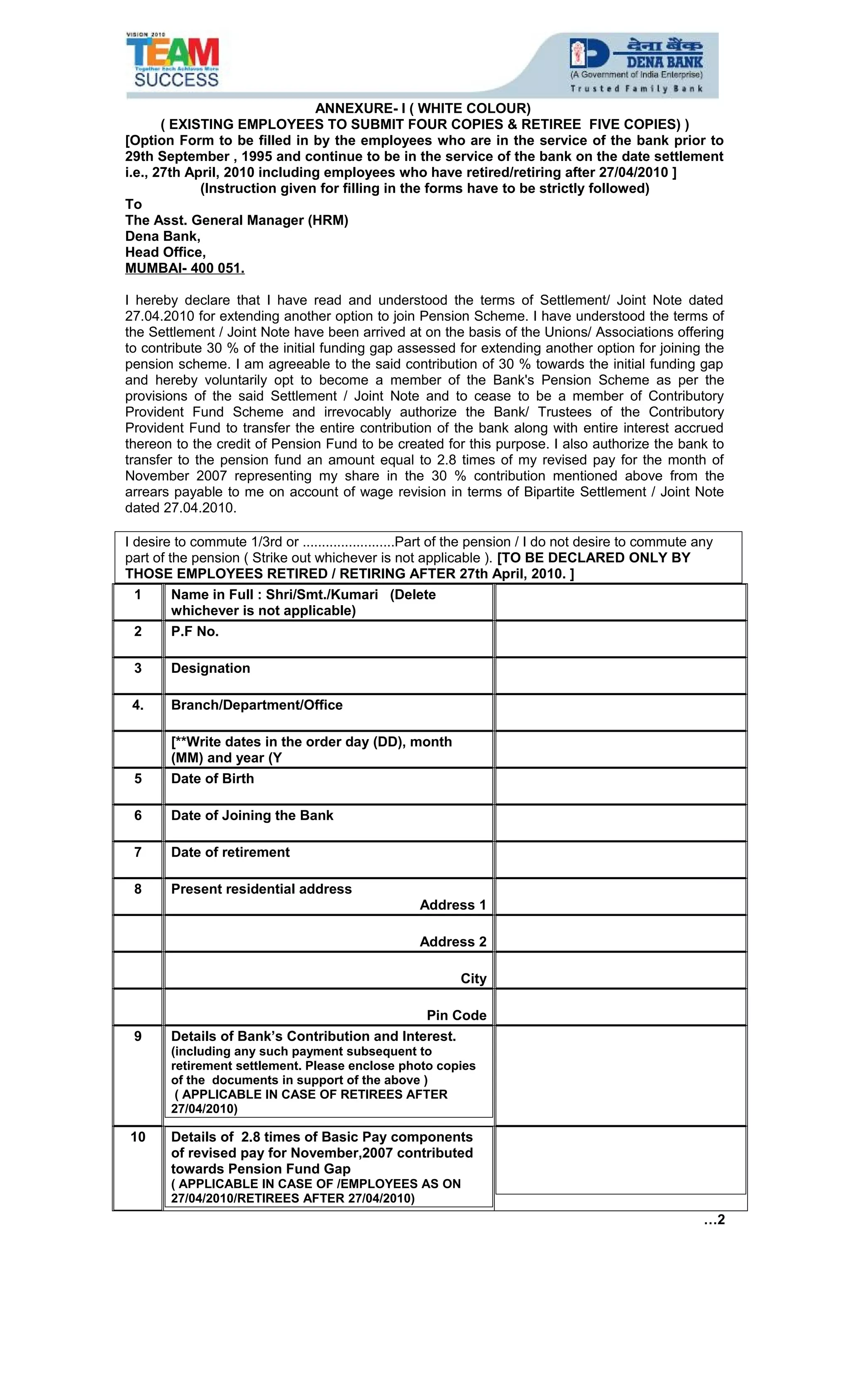 Option Declaration Format Option forms for pention | DOC