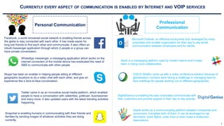 CURRENTLY EVERY ASPECT OF COMMUNICATION IS ENABLED BY INTERNET AND VOIP SERVICES
Personal Communication
Professional
Communication
Microsoft Outlook, an effective productivity tool, leveraged by many
corporates and smaller organization for their day to day email
communication between employees and for clients.
Facebook, a world renowned social network is enabling friends across
the globe to stay connected with each other. It has made easier for
long lost friends to find each other and communicate. It also offers an
inbuilt messenger application through which 2 people or a group can
have private conversation.
WhatsApp messenger, a messaging application which works on the
internet connection of the mobile device has eradicated the need of
SMS to communicate with other people.
Slack is a messaging platform used by modern teams and it helps
team in being more collaborative.
Skype has been an enabler in helping people sitting at different
geographic locations to do a video chat with each other, and give an
experience like a face-to-face conversation.
CISCO WebEx came up with a video conference solution because of
globalization, humans were facing a challenge in managing face-to-
face meetings for people working out of different geographies.
Twitter came in as an innovative social media platform, which enabled
people to have a conversation with celebrities, politician, businessmen
and many more. It also updated users with the latest trending activities
happening.
DigitalGenius is enabling the way corporates communicate with
their customers and provide support in their day to day queries,
Snapchat is enabling humans in communicating with their friends and
families by sending images of whatever activities they are doing
currently.
Haptik works as a communicating platform between companies and
consumers, it enables both of them. It can be leveraged to set
reminders, book flights, order food or even make a restaurant
reservations.
2
 