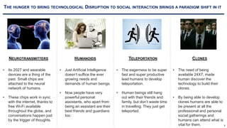 THE HUNGER TO BRING TECHNOLOGICAL DISRUPTION TO SOCIAL INTERACTION BRINGS A PARADIGM SHIFT IN IT
• Its 2027 and wearable
devices are a thing of the
past. Small chips are
attached to the neural
network of humans.
• These chips work in sync
with the internet, thanks to
free Wi-Fi available
throughout the globe, and
conversations happen just
by the trigger of thoughts.
• Just Artificial Intelligence
doesn’t suffice the ever
growing needs and
demands of human beings.
• Now people have very
powerful personal
assistants, who apart from
being an assistant are their
best friends and guardians
too.
• The eagerness to be super
fast and super productive
lead humans to develop
teleportation.
• Human beings still hang
out with their friends and
family, but don’t waste time
in travelling. They just get
teleported.
• The need of being
available 24X7, made
human discover the
technology to build their
clones.
• By being able to develop
clones humans are able to
be present at all the
professional and personal
social gatherings and
humans can attend what is
vital for them.
NEUROTRANSMITTERS HUMANOIDS TELEPORTATION CLONES
8
 