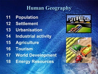 Human Geography11 	Population12 	Settlement13 	Urbanisation14 	Industrial activity15 	Agriculture16 	Tourism17 	World Development18 	Energy Resources
