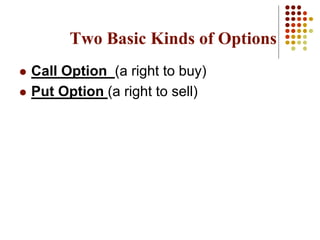  Call Option (a right to buy)
 Put Option (a right to sell)
Two Basic Kinds of Options
 