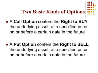  A Call Option confers the Right to BUY
the underlying asset, at a specified price
on or before a certain date in the future
 A Put Option confers the Right to SELL
the underlying asset, at a specified price
on or before a certain date in the future.
Two Basic Kinds of Options
 