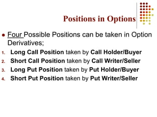 Positions in Options
 Four Possible Positions can be taken in Option
Derivatives;
1. Long Call Position taken by Call Holder/Buyer
2. Short Call Position taken by Call Writer/Seller
3. Long Put Position taken by Put Holder/Buyer
4. Short Put Position taken by Put Writer/Seller
 