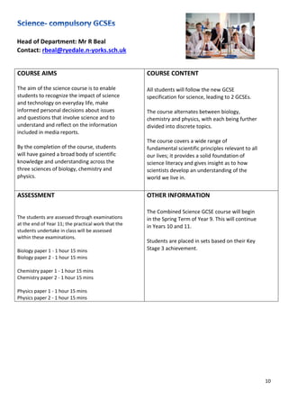 10
Head of Department: Mr R Beal
Contact: rbeal@ryedale.n-yorks.sch.uk
COURSE AIMS
The aim of the science course is to enable
students to recognize the impact of science
and technology on everyday life, make
informed personal decisions about issues
and questions that involve science and to
understand and reflect on the information
included in media reports.
By the completion of the course, students
will have gained a broad body of scientific
knowledge and understanding across the
three sciences of biology, chemistry and
physics.
COURSE CONTENT
All students will follow the new GCSE
specification for science, leading to 2 GCSEs.
The course alternates between biology,
chemistry and physics, with each being further
divided into discrete topics.
The course covers a wide range of
fundamental scientific principles relevant to all
our lives; it provides a solid foundation of
science literacy and gives insight as to how
scientists develop an understanding of the
world we live in.
ASSESSMENT
The students are assessed through examinations
at the end of Year 11; the practical work that the
students undertake in class will be assessed
within these examinations.
Biology paper 1 - 1 hour 15 mins
Biology paper 2 - 1 hour 15 mins
Chemistry paper 1 - 1 hour 15 mins
Chemistry paper 2 - 1 hour 15 mins
Physics paper 1 - 1 hour 15 mins
Physics paper 2 - 1 hour 15 mins
OTHER INFORMATION
The Combined Science GCSE course will begin
in the Spring Term of Year 9. This will continue
in Years 10 and 11.
Students are placed in sets based on their Key
Stage 3 achievement.
 