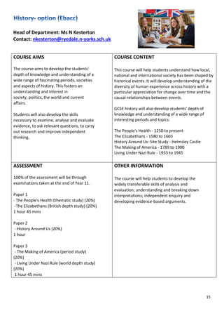 15
Head of Department: Ms N Kesterton
Contact: nkesterton@ryedale.n-yorks.sch.uk
COURSE AIMS
The course aims to develop the students'
depth of knowledge and understanding of a
wide range of fascinating periods, societies
and aspects of history. This fosters an
understanding and interest in
society, politics, the world and current
affairs.
Students will also develop the skills
necessary to examine, analyse and evaluate
evidence, to ask relevant questions, to carry
out research and improve independent
thinking.
COURSE CONTENT
This course will help students understand how local,
national and international society has been shaped by
historical events. It will develop understanding of the
diversity of human experience across history with a
particular appreciation for change over time and the
causal relationships between events.
GCSE history will also develop students' depth of
knowledge and understanding of a wide range of
interesting periods and topics:
The People's Health - 1250 to present
The Elizabethans - 1580 to 1603
History Around Us: Site Study - Helmsley Castle
The Making of America - 1789 to 1900
Living Under Nazi Rule - 1933 to 1945
ASSESSMENT
100% of the assessment will be through
examinations taken at the end of Year 11.
Paper 1
- The People's Health (thematic study) (20%)
-The Elizabethans (British depth study) (20%)
1 hour 45 mins
Paper 2
- History Around Us (20%)
1 hour
Paper 3
- The Making of America (period study)
(20%)
- Living Under Nazi Rule (world depth study)
(20%)
1 hour 45 mins
OTHER INFORMATION
The course will help students to develop the
widely transferable skills of analysis and
evaluation; understanding and breaking down
interpretations; independent enquiry and
developing evidence-based arguments.
 