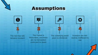 Assumptions
The risk-free rate
remains constant
The market is
frictionless, and there
are no transaction
costs and no taxes
The underlying asset
pays no dividends
Investors are risk-
neutral, indifferent to
risk
 