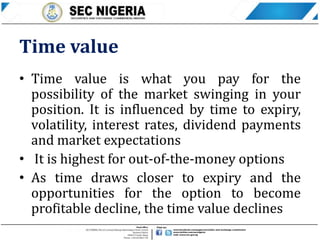 Time value
• Time value is what you pay for the
possibility of the market swinging in your
position. It is influenced by time to expiry,
volatility, interest rates, dividend payments
and market expectations
• It is highest for out-of-the-money options
• As time draws closer to expiry and the
opportunities for the option to become
profitable decline, the time value declines
 