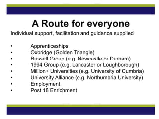 Individual support, facilitation and guidance supplied
• Apprenticeships
• Oxbridge (Golden Triangle)
• Russell Group (e.g. Newcastle or Durham)
• 1994 Group (e.g. Lancaster or Loughborough)
• Million+ Universities (e.g. University of Cumbria)
• University Alliance (e.g. Northumbria University)
• Employment
• Post 18 Enrichment
A Route for everyone
 
