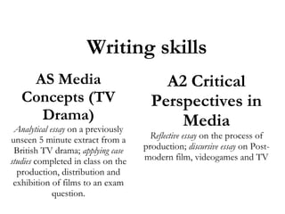 Writing skills
AS Media
Concepts (TV
Drama)
Analytical essay on a previously
unseen 5 minute extract from a
British TV drama; applying case
studies completed in class on the
production, distribution and
exhibition of films to an exam
question.

A2 Critical
Perspectives in
Media

Reflective essay on the process of
production; discursive essay on Postmodern film, videogames and TV

 
