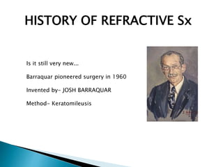 Is it still very new...
Barraquar pioneered surgery in 1960
Invented by- JOSH BARRAQUAR
Method- Keratomileusis
HISTORY OF REFRACTIVE Sx
 