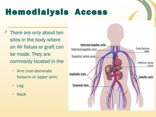 Hemodialysis Access
There are only about ten
sites in the body where
an AV fistula or graft can
be made. They are
commonly located in the
– Arm (non-dominate
forearm or upper arm)
– Leg
– Neck
 
