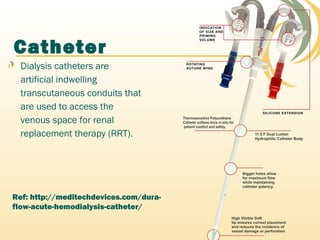 Catheter
Dialysis catheters are
artificial indwelling
transcutaneous conduits that
are used to access the
venous space for renal
replacement therapy (RRT). 
Ref: http://meditechdevices.com/dura-
flow-acute-hemodialysis-catheter/
 