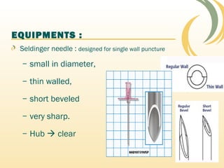 EQUIPMENTS :
Seldinger needle : designed for single wall puncture
– small in diameter,
– thin walled,
– short beveled
– very sharp.
– Hub  clear
 