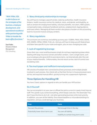 Options for Handling Your HR Function                                                                    www.trinet.com



“With TriNet, EDL               3. Many third party relationships to manage
is able to focus on             You will have to manage a payroll vendor, state tax authorities, health insurance
the strategies of the           brokers, health insurance carriers for medical, vision, and dental, and disability, as
business, employee              well as vendors for employment liability, voluntary benefits, recruiters, HRIS system,
development, and                compensation data, employee handbook/policies, outplacement, legal guidance,
                                and many others. Managing all these vendors also places a burden on the accounting
operational excellence          team to reconcile invoices and pay vendors.
while partnering with
TriNet to handle the            4. Many regulations
back-office functions.”         The acronyms are numerous and adding up every year: COBRA, FMLA, ADA, OSHA,
                                EEO, WARN, HIPAA, ERISA, FLSA, etc. And you will have to keep up with federal laws
Sue Fuller                      and labor laws specific to your state and region, plus an ever-changing tax code.
Director of Talent
Management                      5. Lack of negotiating leverage
EDL Consulting
                                Given their size, most small businesses simply do not have negotiating power when
                                dealing with large insurance carriers and other vendors. Even a single event, such
                                as an employee who gives birth to premature twins, can dramatically alter the cost
                                of your medical benefits. Unfortunately, the end result can be a lack of control over
                                escalating costs.

                                6. Too much paper and inefficient manual processes
                                HR consists of multiple inter-connected business processes and multiple people
                                involved in each process. Our clients tell us that their former in-house processes were
                                ad-hoc and required manual effort, quickly turning into a paperwork nightmare.

                                Three Options for Handling HR
                                You have 3 basic options in regards to who can handle your HR function:

                                Do-It-Yourself
                                You can accomplish it on your own or offload the job to current or newly-hired internal
                                staff. The upside is you control everything, which keeps costs low. The downside? You
                                don’t have the time to do it all—not when generating business is the main priority.
                                In addition, you own all the liability. One missed deadline or misunderstanding of a
                                regulation, and you could damage your business.

                                  Pros                                   Cons

                                  You own the process                    Not enough time in the day
                                  Potentially lower short-term cost      You own all liability
                                                                         Inability to contain long-term costs


                                                                                                                        3
 