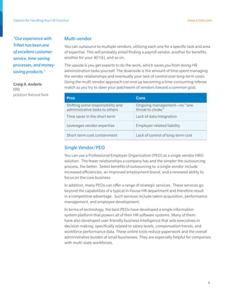 Options for Handling Your HR Function                                                                     www.trinet.com



”Our experience with             Multi-vendor
TriNet has been one              You can outsource to multiple vendors, utilizing each one for a specific task and area
of excellent customer            of expertise. This will probably entail finding a payroll vendor, another for benefits,
service, time-saving             another for your 401(k), and so on.
processes, and money-            The upside is you get experts to do the work, which saves you from doing HR
saving products.”                administration tasks yourself. The downside is the amount of time spent managing
                                 the vendor relationships and eventually your lack of control over long-term costs.
                                 Using the multi-vendor approach can end up becoming a time-consuming referee
Craig A. Anderle
CFO                              match as you try to steer your patchwork of vendors toward a common goal.
Jacksboro National Bank
                                   Pros                                    Cons
                                   Shifting some responsibility and        Ongoing management—no “one
                                   administrative tasks to others          throat to choke”
                                   Time saver in the short term            Lack of data integration

                                   Leverages vendor expertise              Employer-related liability

                                   Short-term cost containment             Lack of control of long-term cost

                                 Single Vendor/PEO
                                 You can use a Professional Employer Organization (PEO) as a single vendor HRO
                                 solution. The fewer relationships a company has and the simpler the outsourcing
                                 process, the better. Select benefits of outsourcing to a single vendor include
                                 increased efficiencies, an improved employment brand, and a renewed ability to
                                 focus on the core business.
                                 In addition, many PEOs can offer a range of strategic services. These services go
                                 beyond the capabilities of a typical in-house HR department and therefore result
                                 in a competitive advantage. Such services include talent acquisition, performance
                                 management, and employee development.
                                 In terms of technology, the best PEOs have developed a single information
                                 system platform that powers all of their HR software systems. Many of them
                                 have also developed user-friendly business intelligence that aids executives in
                                 decision making, specifically related to salary levels, compensation trends, and
                                 workforce performance data. These online tools reduce paperwork and the overall
                                 administrative burden at small businesses. They are especially helpful for companies
                                 with multi-state workforces.




                                                                                                                      4
 