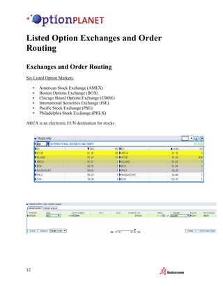 Listed Option Exchanges and Order
Routing

Exchanges and Order Routing
Six Listed Option Markets:

     •   American Stock Exchange (AMEX)
     •   Boston Options Exchange (BOX)
     •   Chicago Board Options Exchange (CBOE)
     •   International Securities Exchange (ISE)
     •   Pacific Stock Exchange (PSE)
     •   Philadelphia Stock Exchange (PHLX)

ARCA is an electronic ECN destination for stocks.




12
 