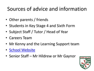 Sources of advice and information
•   Other parents / friends
•   Students in Key Stage 4 and Sixth Form
•   Subject Staff / Tutor / Head of Year
•   Careers Team
•   Mr Kenny and the Learning Support team
•   School Website
•   Senior Staff – Mr Hildrew or Mr Gaynor
 