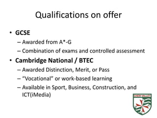 Qualifications on offer
• GCSE
  – Awarded from A*-G
  – Combination of exams and controlled assessment
• Cambridge National / BTEC
  – Awarded Distinction, Merit, or Pass
  – “Vocational” or work-based learning
  – Available in Sport, Business, Construction, and
    ICT(iMedia)
 