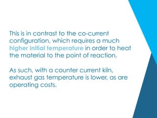 This is in contrast to the co-current
configuration, which requires a much
higher initial temperature in order to heat
the material to the point of reaction.
As such, with a counter current kiln,
exhaust gas temperature is lower, as are
operating costs.
 