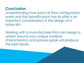 Conclusion
Understanding how each air flow configuration
works and the benefits each has to offer is an
important consideration in the design of a
rotary kiln.
Working with a manufacturer that can design a
system around your unique material
characteristics and process goals will produce
the best results.
 
