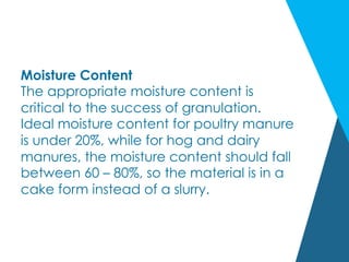 Moisture Content
The appropriate moisture content is
critical to the success of granulation.
Ideal moisture content for poultry manure
is under 20%, while for hog and dairy
manures, the moisture content should fall
between 60 – 80%, so the material is in a
cake form instead of a slurry.
 