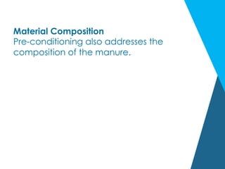 Material Composition
Pre-conditioning also addresses the
composition of the manure.
 