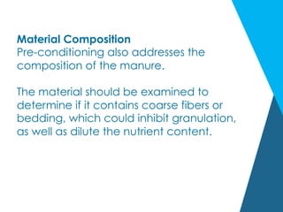 Material Composition
Pre-conditioning also addresses the
composition of the manure.
The material should be examined to
determine if it contains coarse fibers or
bedding, which could inhibit granulation,
as well as dilute the nutrient content.
 