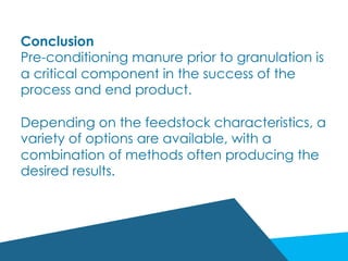 Conclusion
Pre-conditioning manure prior to granulation is
a critical component in the success of the
process and end product.
Depending on the feedstock characteristics, a
variety of options are available, with a
combination of methods often producing the
desired results.
 