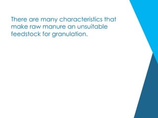 There are many characteristics that
make raw manure an unsuitable
feedstock for granulation.
 