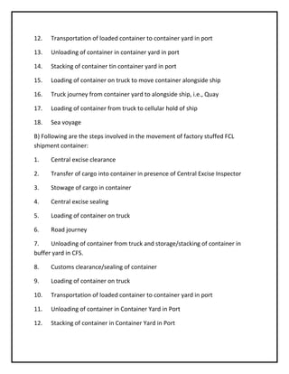 12.   Transportation of loaded container to container yard in port

13.   Unloading of container in container yard in port

14.   Stacking of container tin container yard in port

15.   Loading of container on truck to move container alongside ship

16.   Truck journey from container yard to alongside ship, i.e., Quay

17.   Loading of container from truck to cellular hold of ship

18.   Sea voyage

B) Following are the steps involved in the movement of factory stuffed FCL
shipment container:

1.    Central excise clearance

2.    Transfer of cargo into container in presence of Central Excise Inspector

3.    Stowage of cargo in container

4.    Central excise sealing

5.    Loading of container on truck

6.    Road journey

7.    Unloading of container from truck and storage/stacking of container in
buffer yard in CFS.

8.    Customs clearance/sealing of container

9.    Loading of container on truck

10.   Transportation of loaded container to container yard in port

11.   Unloading of container in Container Yard in Port

12.   Stacking of container in Container Yard in Port
 