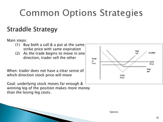 Options Straddle Strategy Main steps: (1) Buy both a call & a put at the same strike price with same expiration (2) As the trade begins to move in one direction, trader sell the other When: trader does not have a clear sense of which direction stock price will move Goal: underlying stock moves far enough & winning leg of the position makes more money than the losing leg costs. 