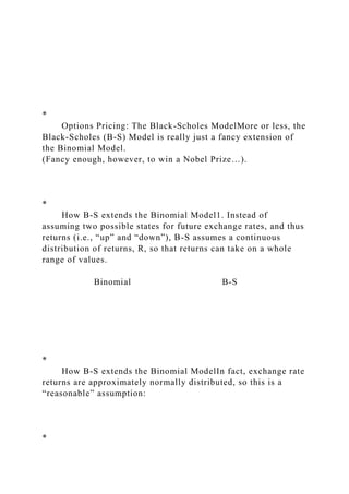 *
Options Pricing: The Black-Scholes ModelMore or less, the
Black-Scholes (B-S) Model is really just a fancy extension of
the Binomial Model.
(Fancy enough, however, to win a Nobel Prize…).
*
How B-S extends the Binomial Model1. Instead of
assuming two possible states for future exchange rates, and thus
returns (i.e., “up” and “down”), B-S assumes a continuous
distribution of returns, R, so that returns can take on a whole
range of values.
Binomial B-S
*
How B-S extends the Binomial ModelIn fact, exchange rate
returns are approximately normally distributed, so this is a
“reasonable” assumption:
*
 