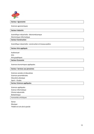 Secteur Agronomie

Sciences agronomiques

Secteur Industrie

Scientifique industrielle : électromécanique
Electronique-informatique
Secteur Construction

Scientifique industrielle : construction et travaux publics

Secteur Arts appliqués

Audiovisuel
Arts
Arts graphiques
Secteur Economie

Sciences économiques appliquées

Secteur Services aux personnes

Sciences sociales et éducatives
Sciences paramédicales
Education physique
Sport – Etudes
Secteur Sciences appliquées

Sciences appliquées
Science informatique
Chimie industrielle
Biotechnique
Humanités artistiques

Danse
Musique
Théâtre et arts de la parole




                                                              11
 