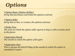 Option Buyer (Option Holder)
Party that purchases and holds the options contract

Option Seller
Party that writes, or cr...