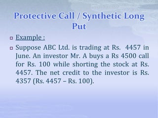 Protective Call / Synthetic Long
Put
 Example :
 Suppose ABC Ltd. is trading at Rs. 4457 in
June. An investor Mr. A buys a Rs 4500 call
for Rs. 100 while shorting the stock at Rs.
4457. The net credit to the investor is Rs.
4357 (Rs. 4457 – Rs. 100).
 